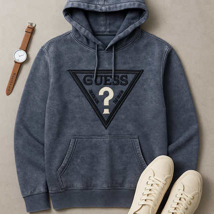 GUESS Men’s Vintage Wash Logo Hoodie –Charcoal Blue