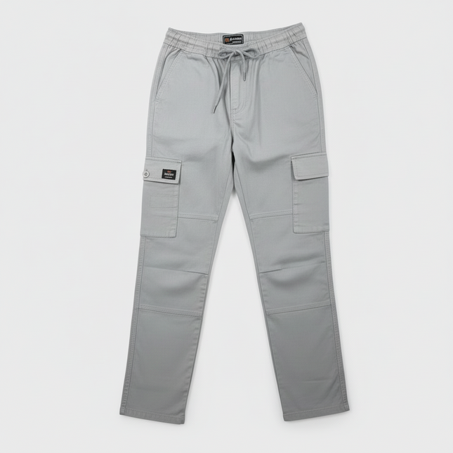 Gray pants with multiple pockets on a white background