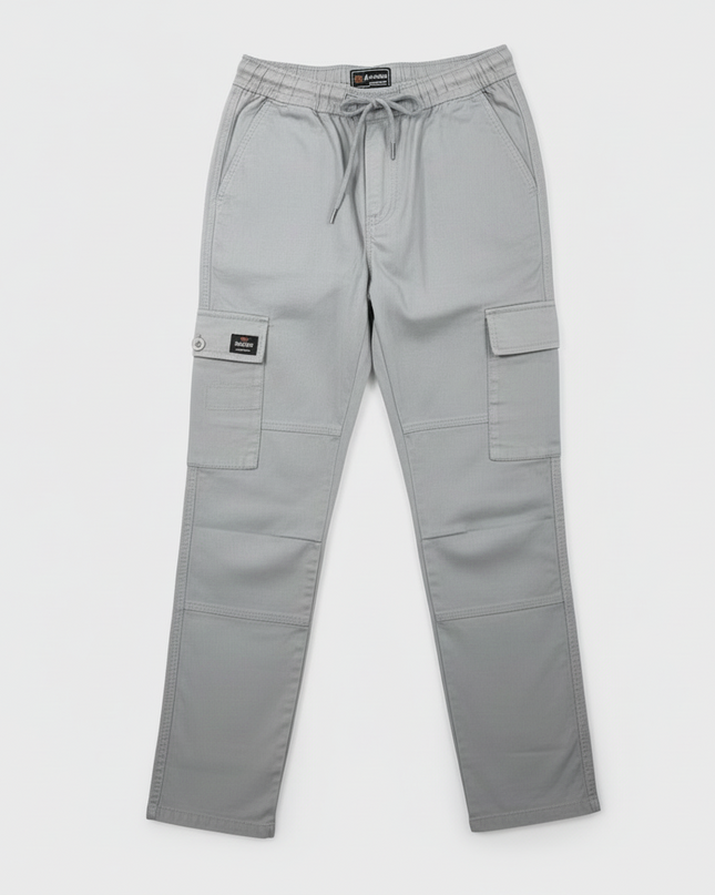 Gray pants with multiple pockets on a white background