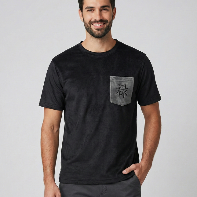 Black Suede Feel T-Shirt with Embroidered Kanji Pocket – Premium Casual Wear for Men