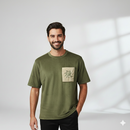 Black Suede Feel T-Shirt with Embroidered Kanji Pocket – Premium Casual Wear for Men