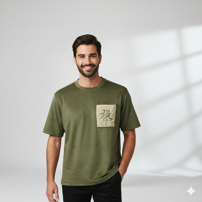 Black Suede Feel T-Shirt with Embroidered Kanji Pocket – Premium Casual Wear for Men