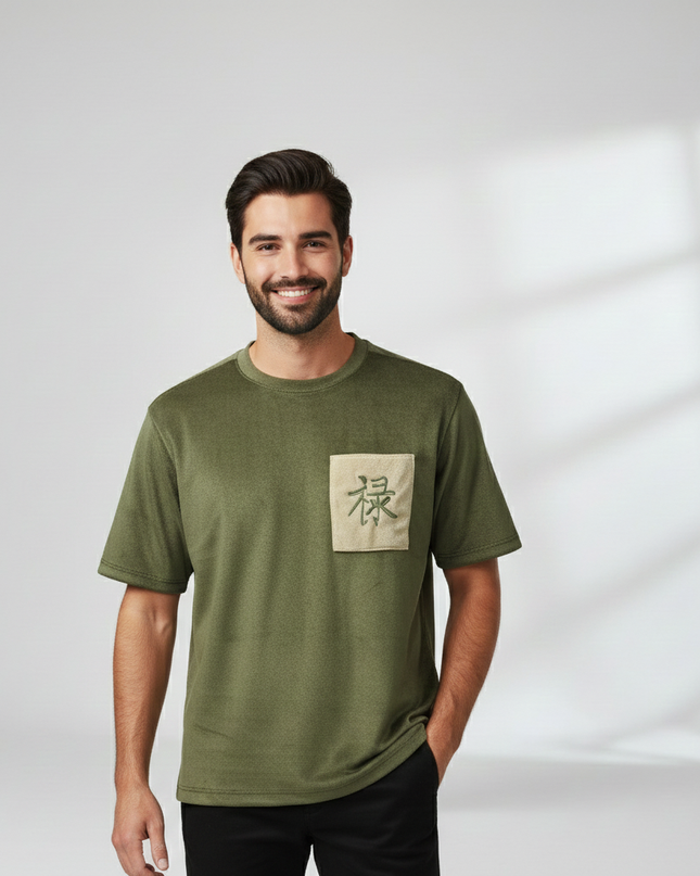 Black Suede Feel T-Shirt with Embroidered Kanji Pocket – Premium Casual Wear for Men